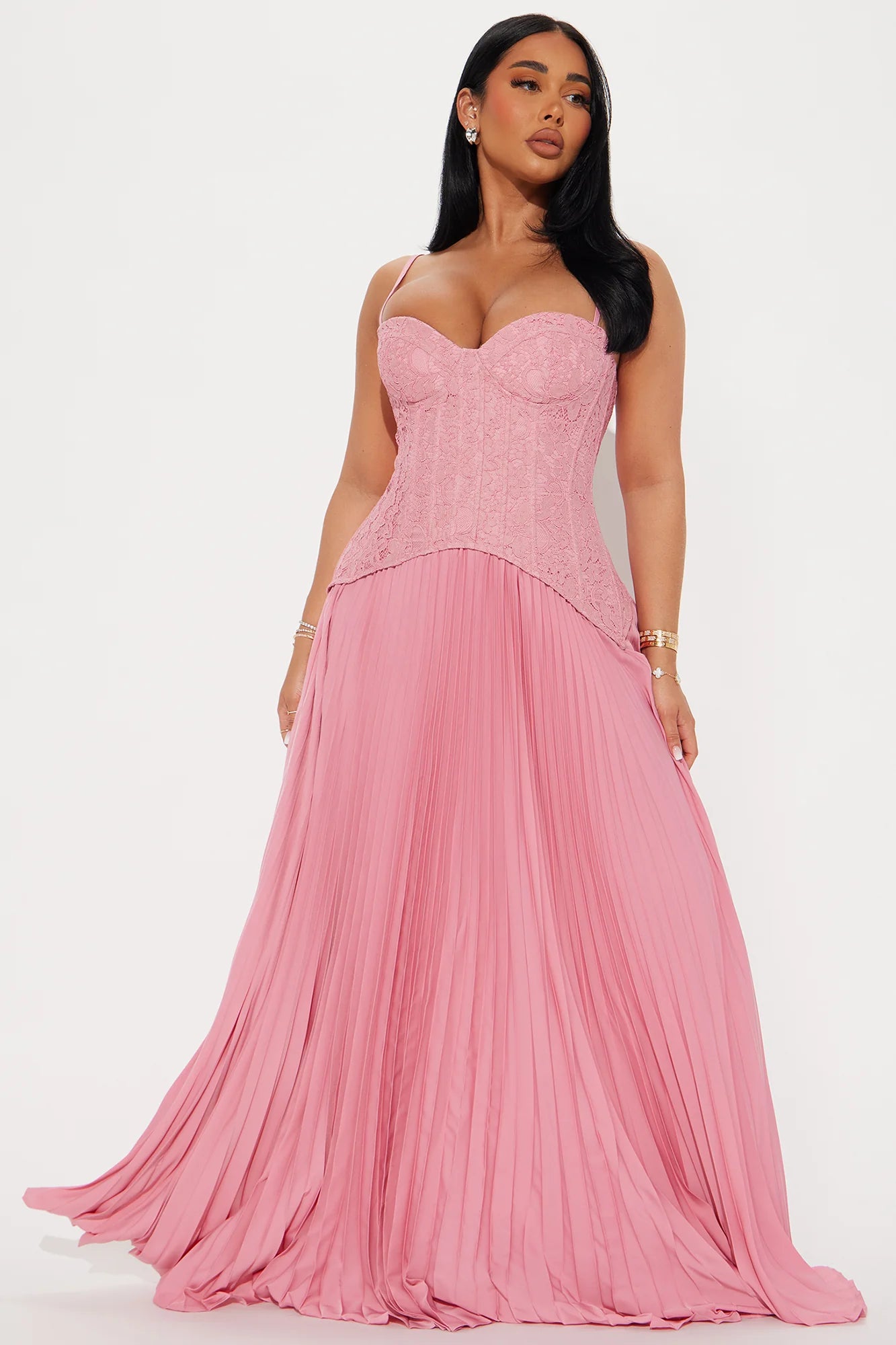 Daniella Lace Corset Pleated Maxi Dress Pink