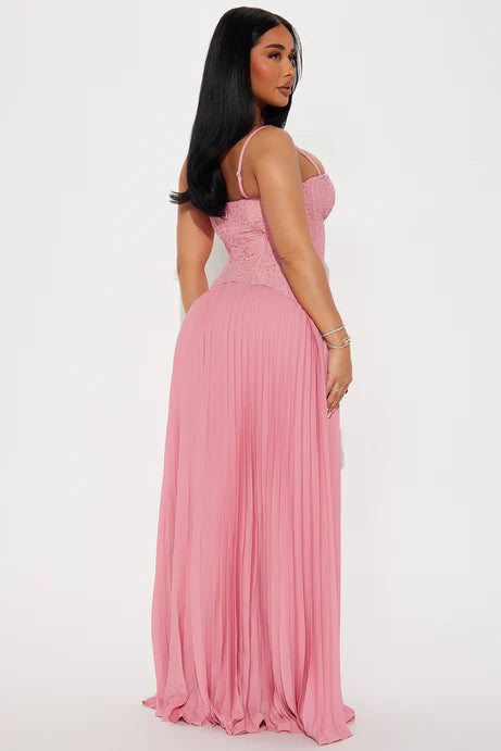 Daniella Lace Corset Pleated Maxi Dress Pink
