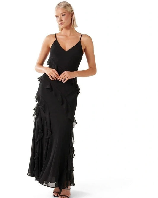 Poppy ruffle gown black