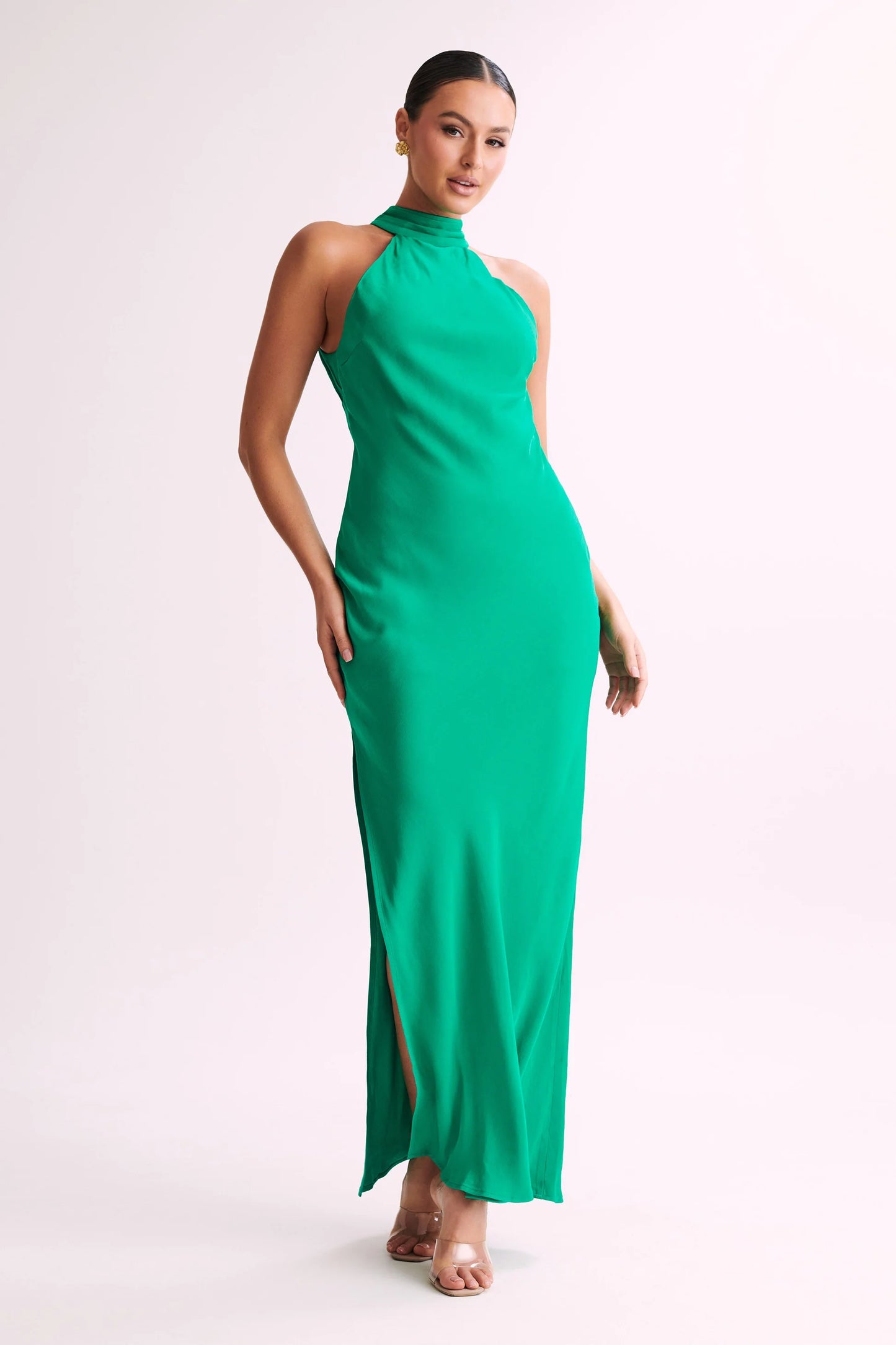 Claire Satin Drape Back Maxi Dress Green