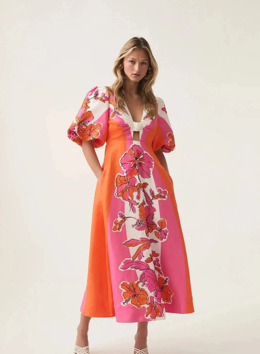 Overflow Knotted Midi Dress Vivid Hibiscus