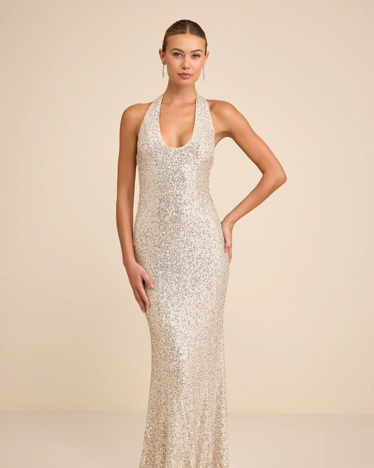 Velenia Champagne Sequin Halter Mermaid Maxi Dress