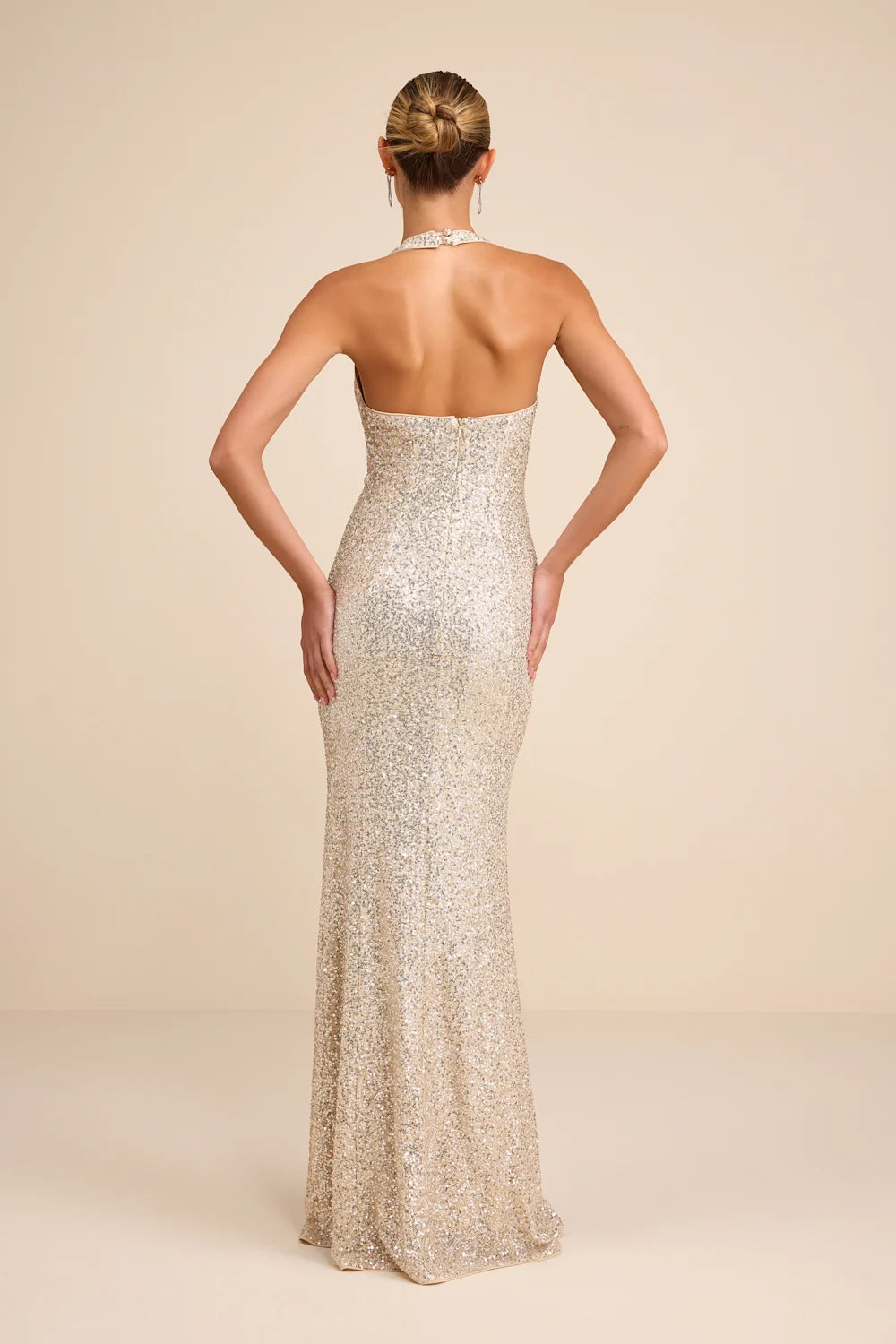 Velenia Champagne Sequin Halter Mermaid Maxi Dress