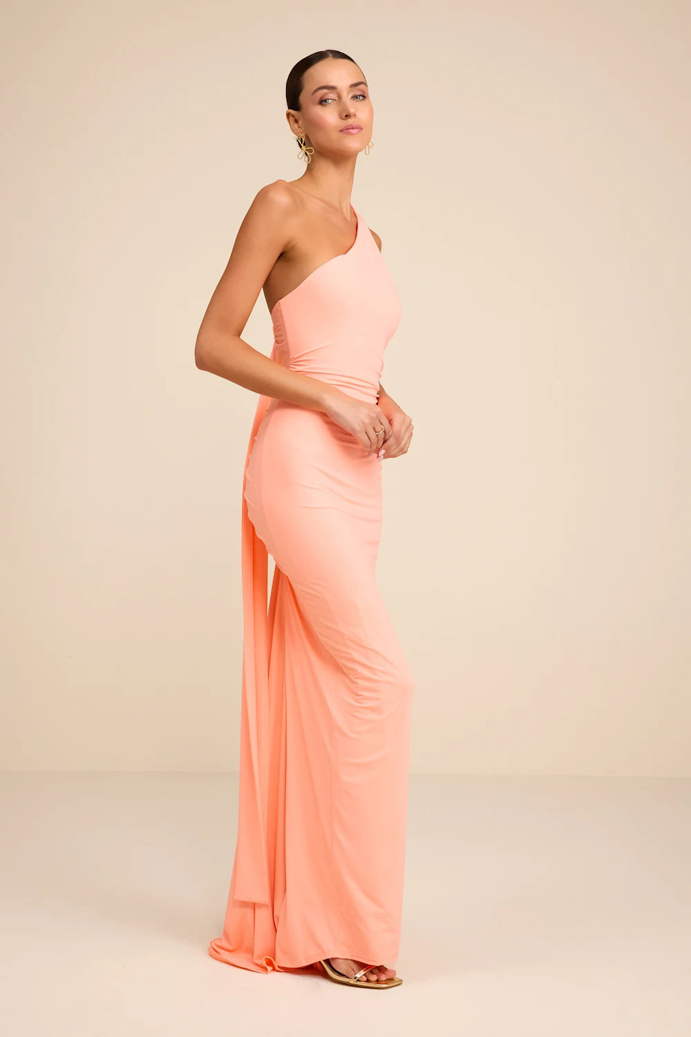 Cressida Peach Slinky Knit One-Shoulder Mermaid Maxi Dress