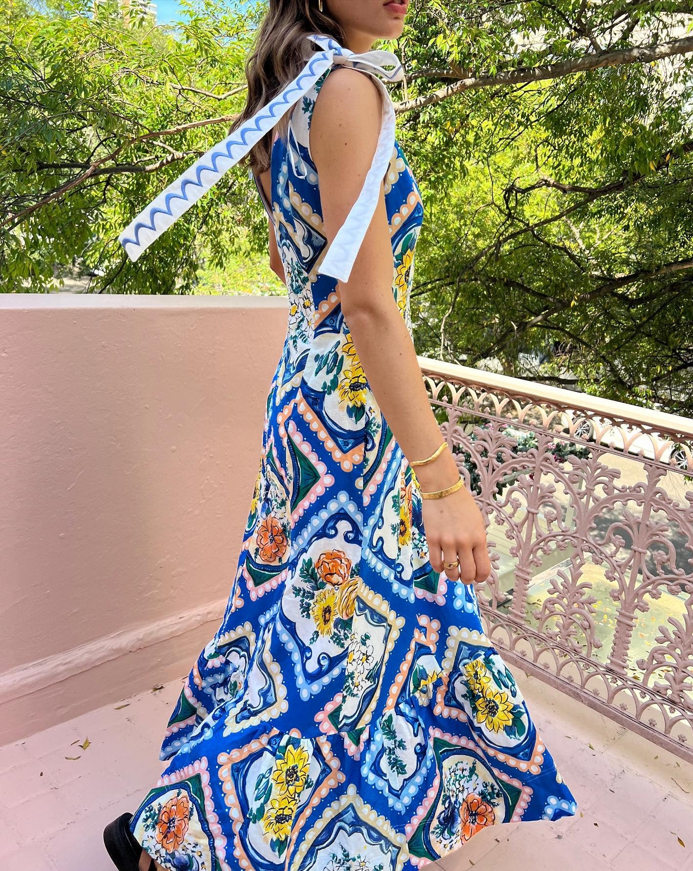 Adoncia Tie Shoulder Maxi Dress In Azure Floral