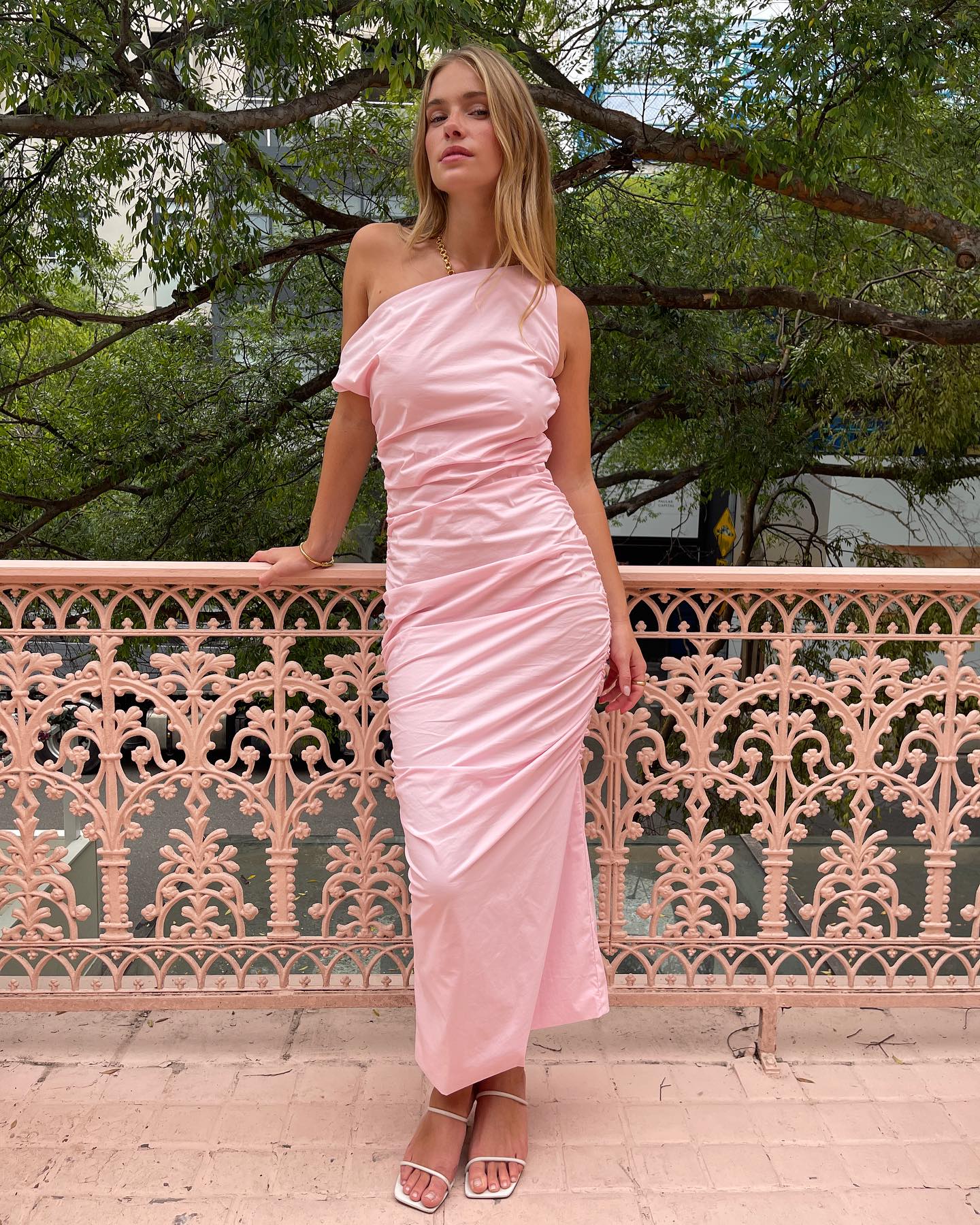 One shoulder midi dress in candy pink