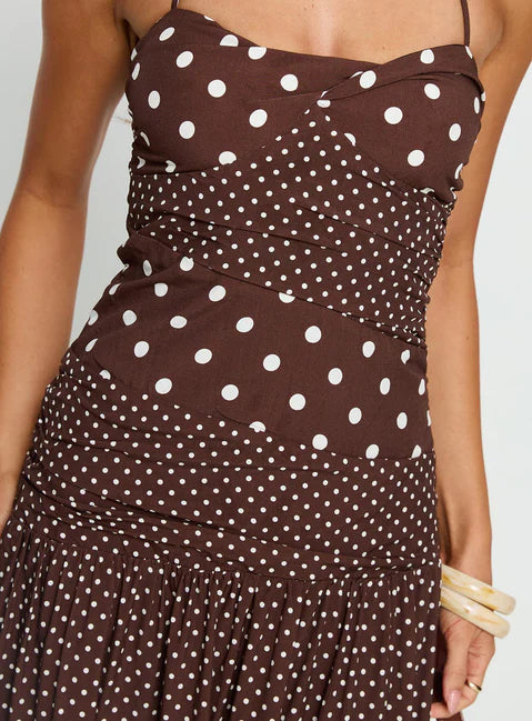 Marguerite Halter Maxi Dress Brown Polka Dot