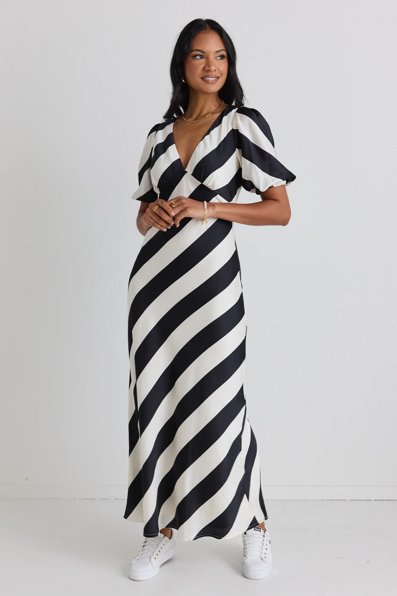 Amora black white stripe bias midi dress