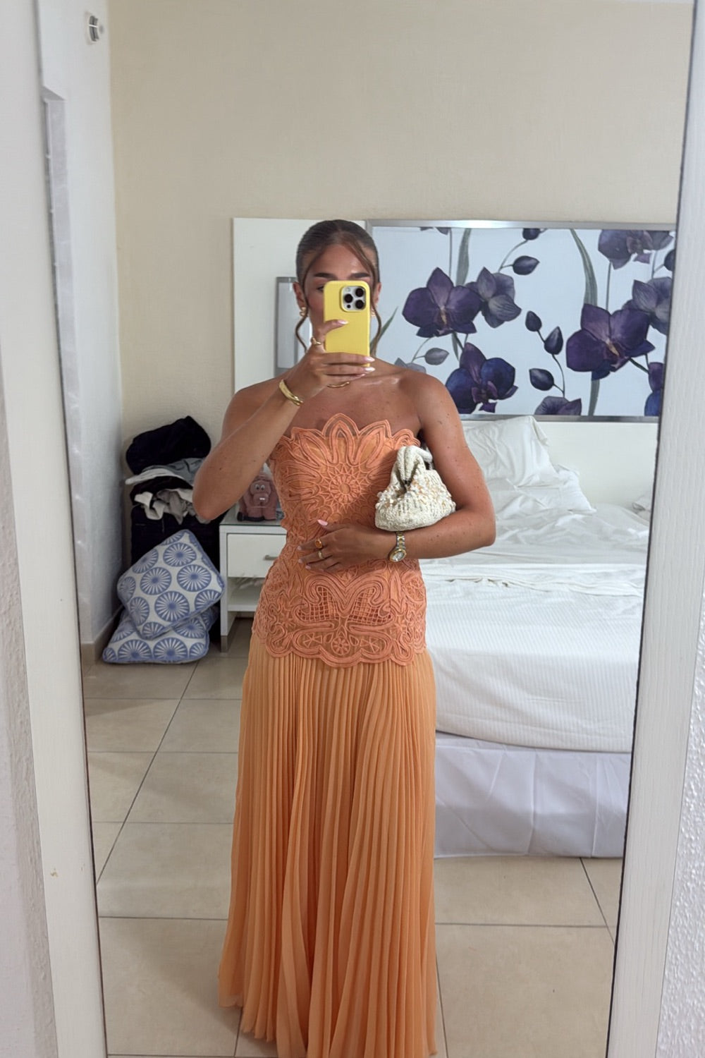 Abstract Cutwork Bandeau Maxi Dress Orange