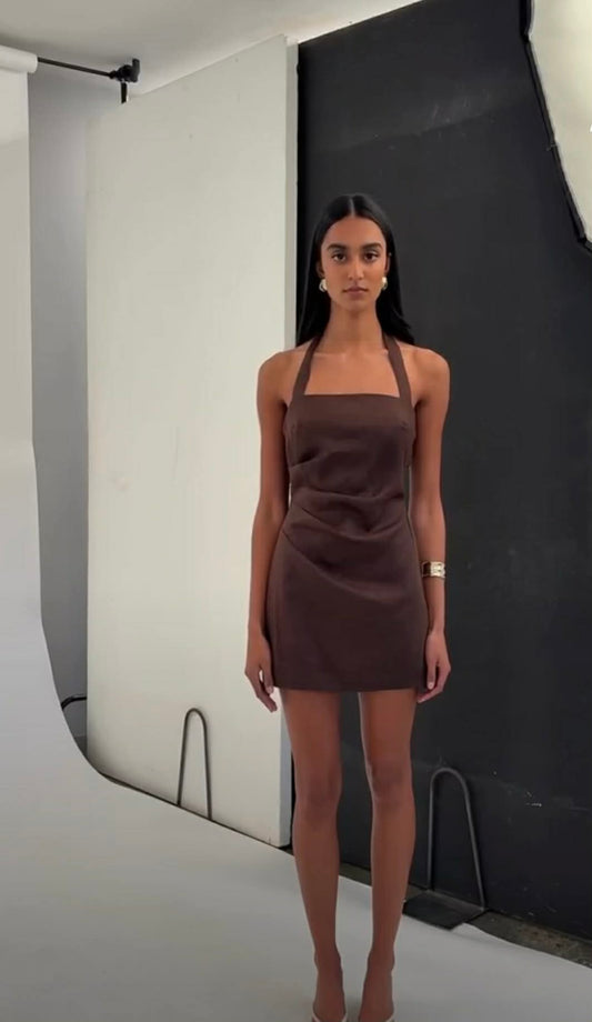 Palm Halter Mini Dress dark chocolate