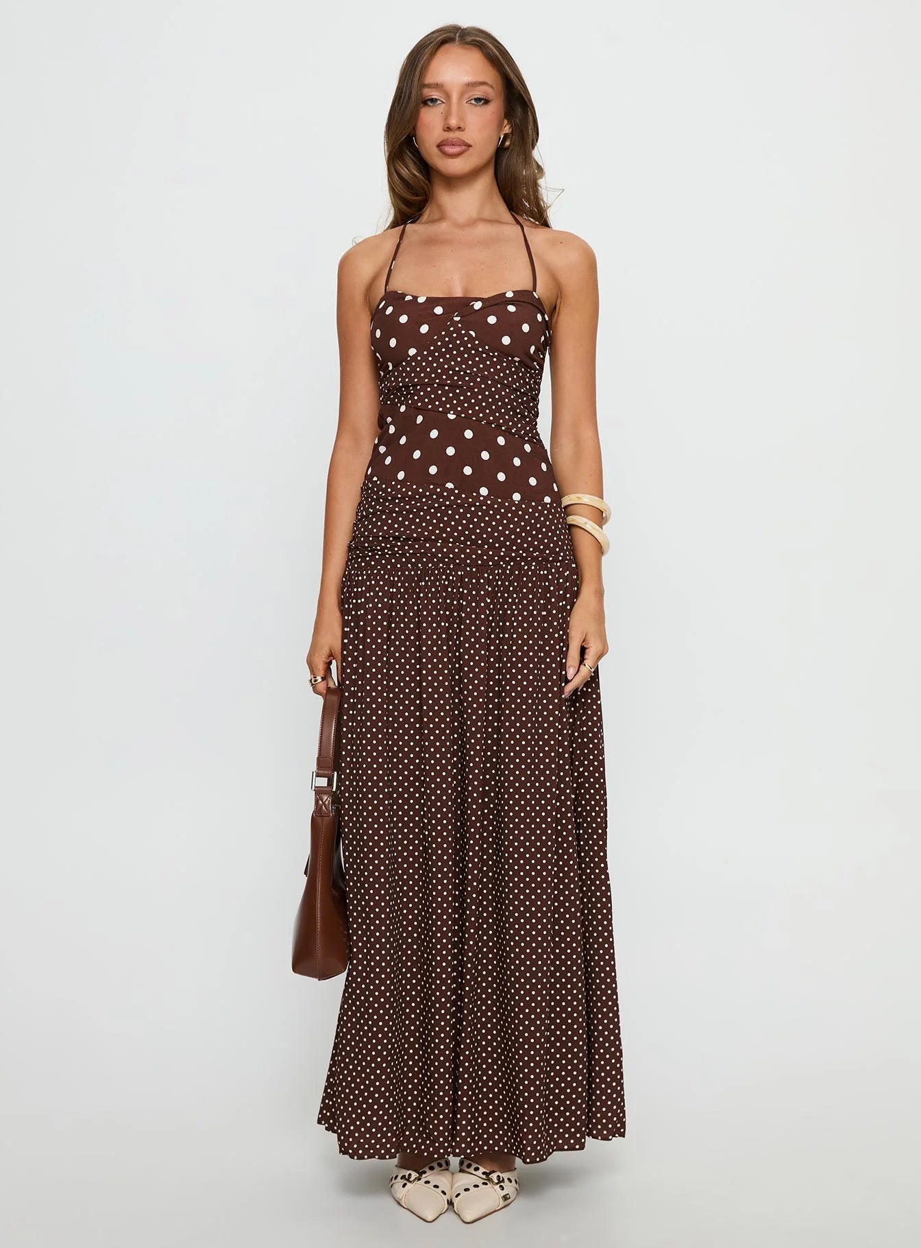 Marguerite Halter Maxi Dress Brown Polka Dot
