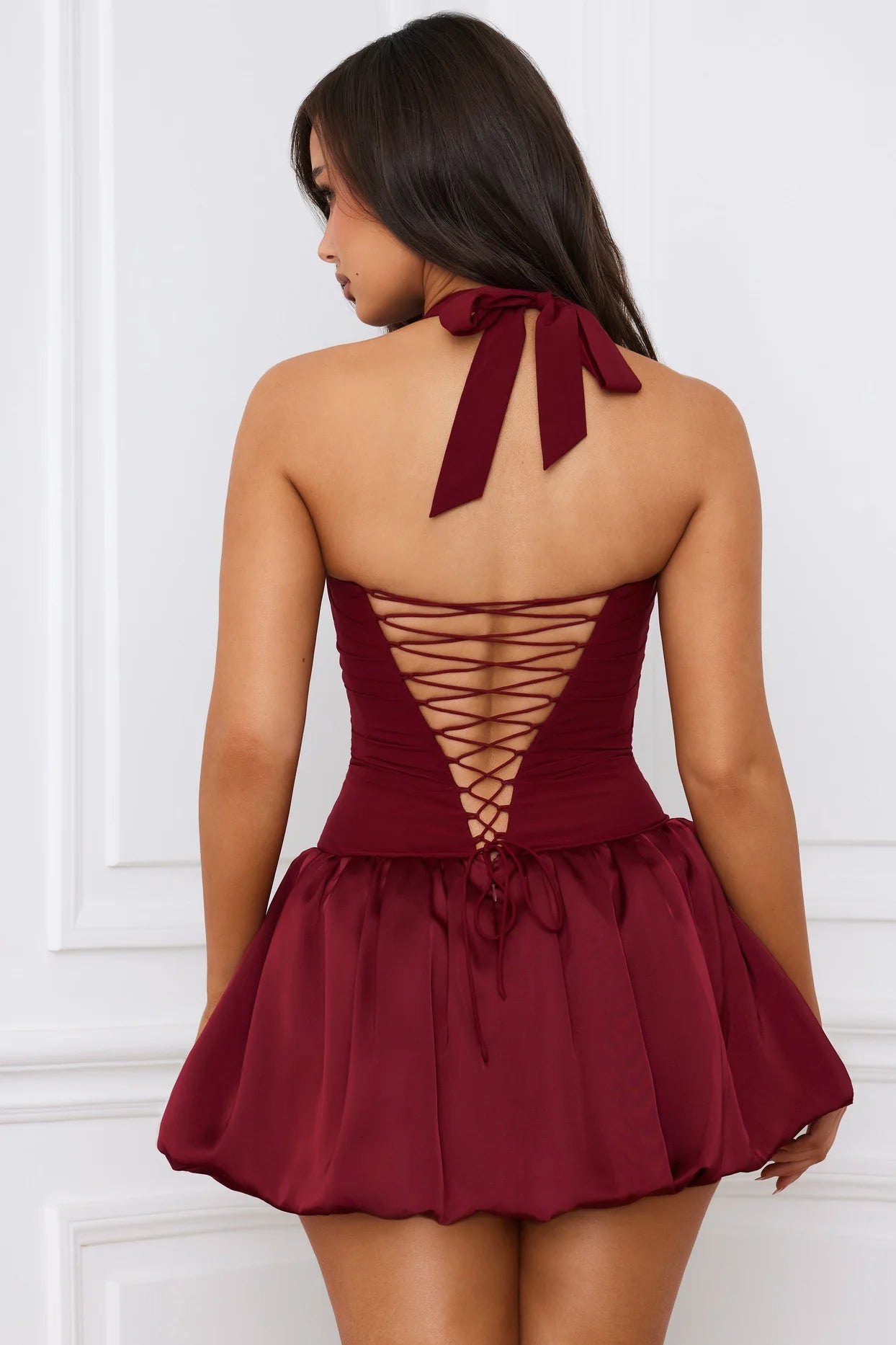 Ludmila Halterneck Lace-Up Mini Dress in Berry Red