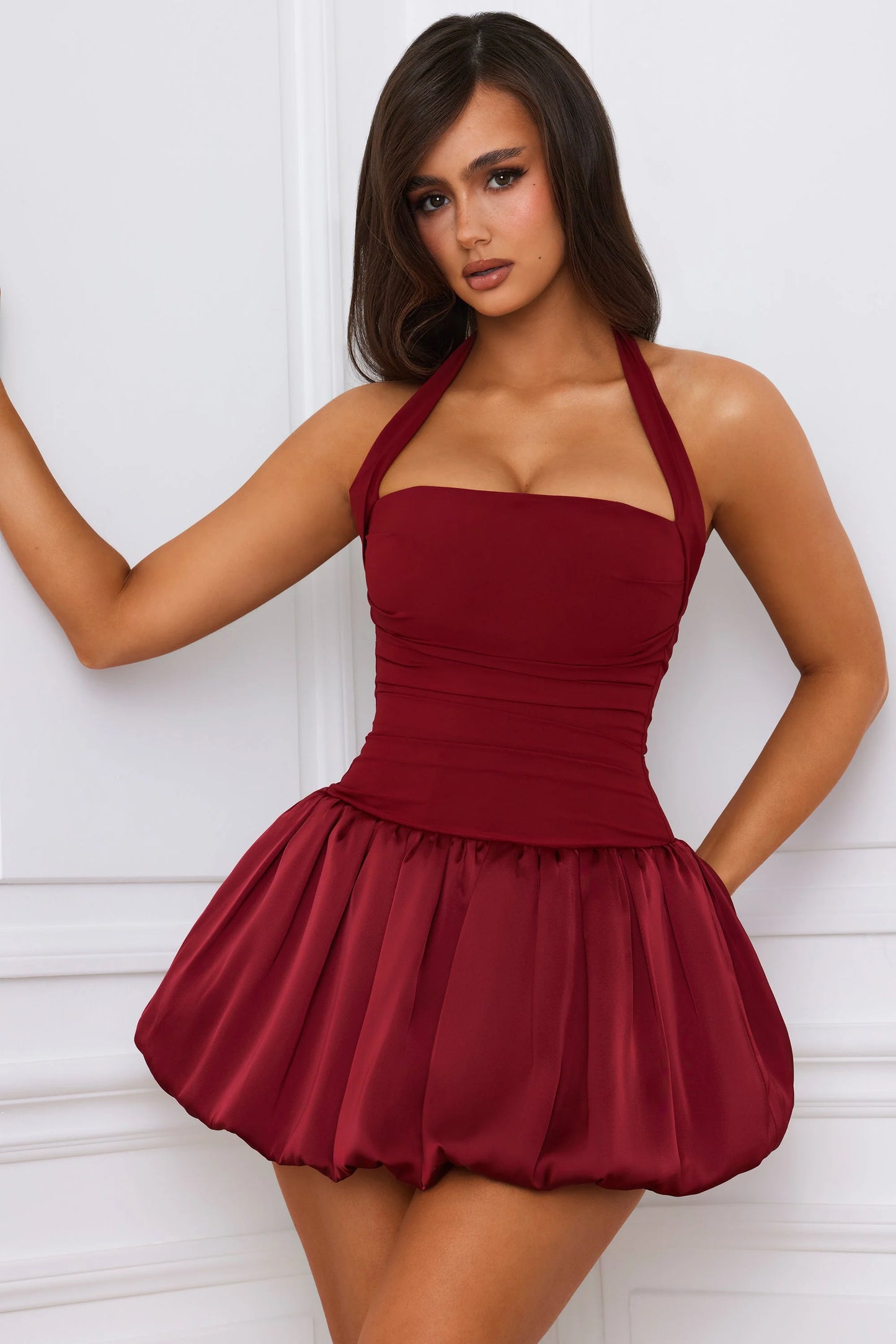 Ludmila Halterneck Lace-Up Mini Dress in Berry Red