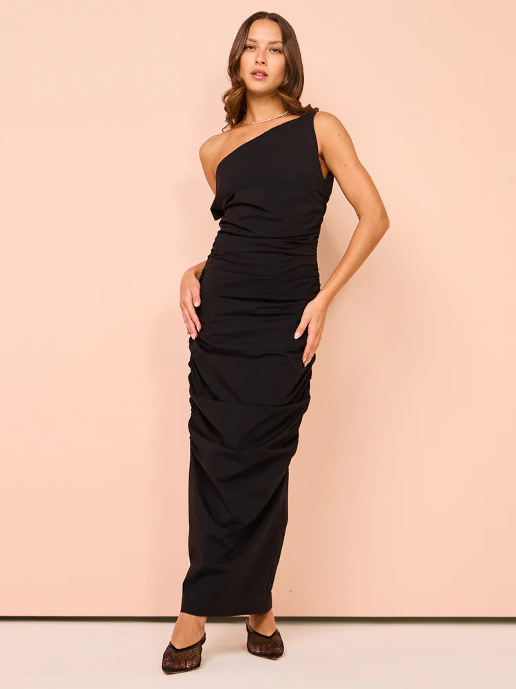 One shoulder midi dress in black