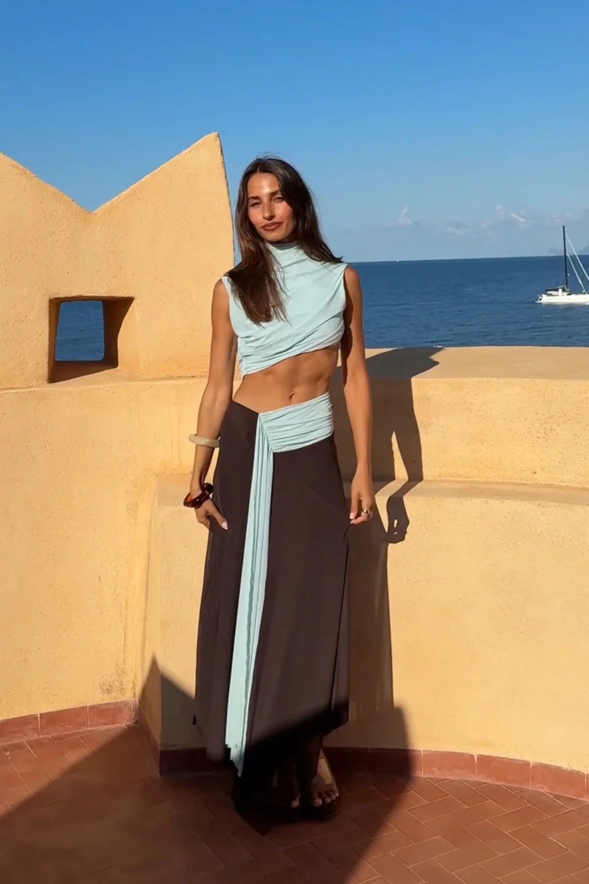 Conni asym midi dress arctic blue/dark choc