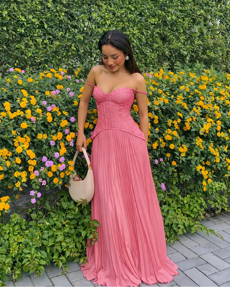 Daniella Lace Corset Pleated Maxi Dress Pink