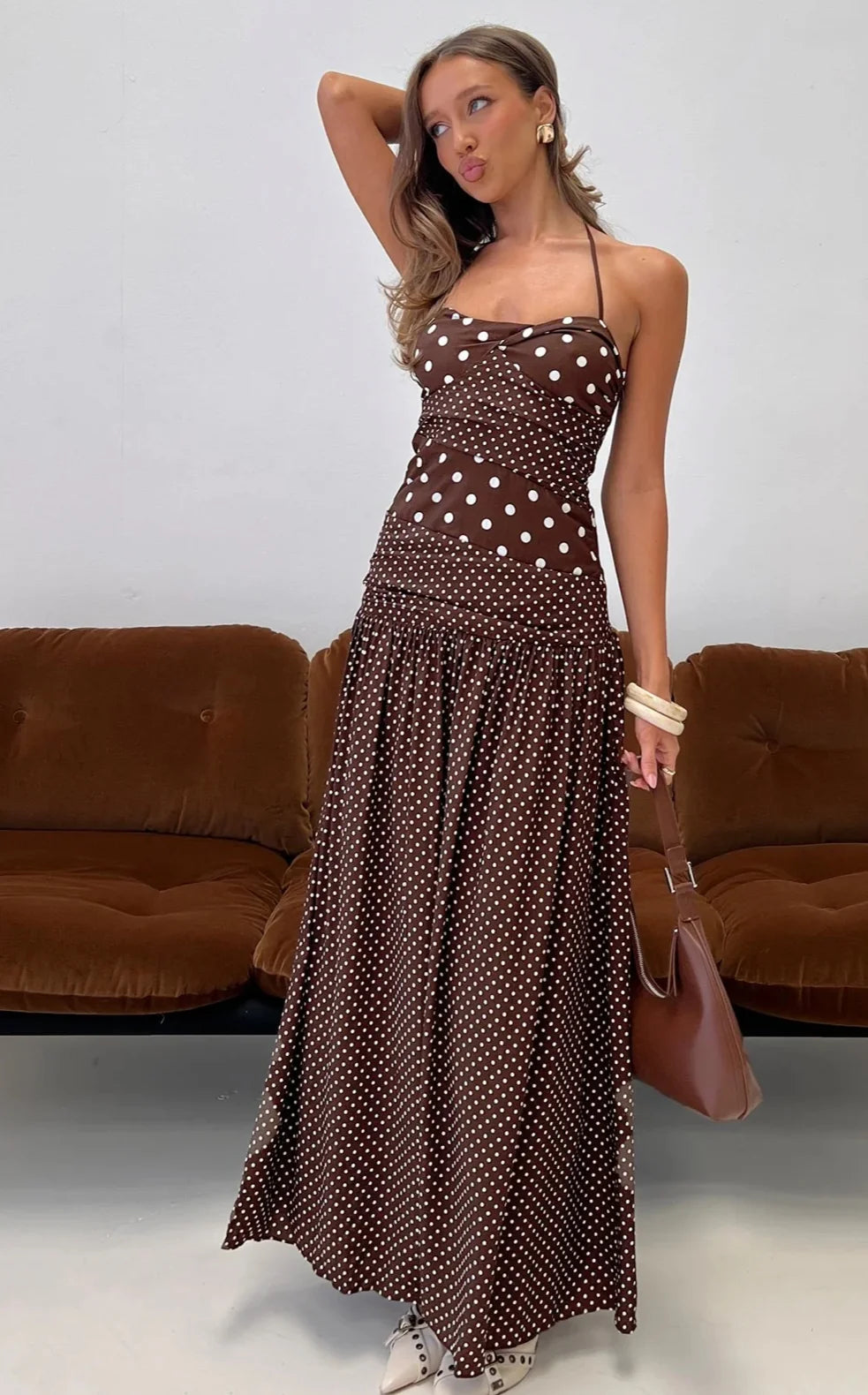 SALE - Marguerite Halter Maxi Dress Brown Polka Dot (14)