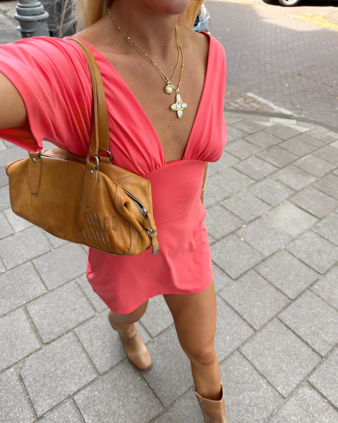 Jessie deep v draped sleeve dress Coral Red