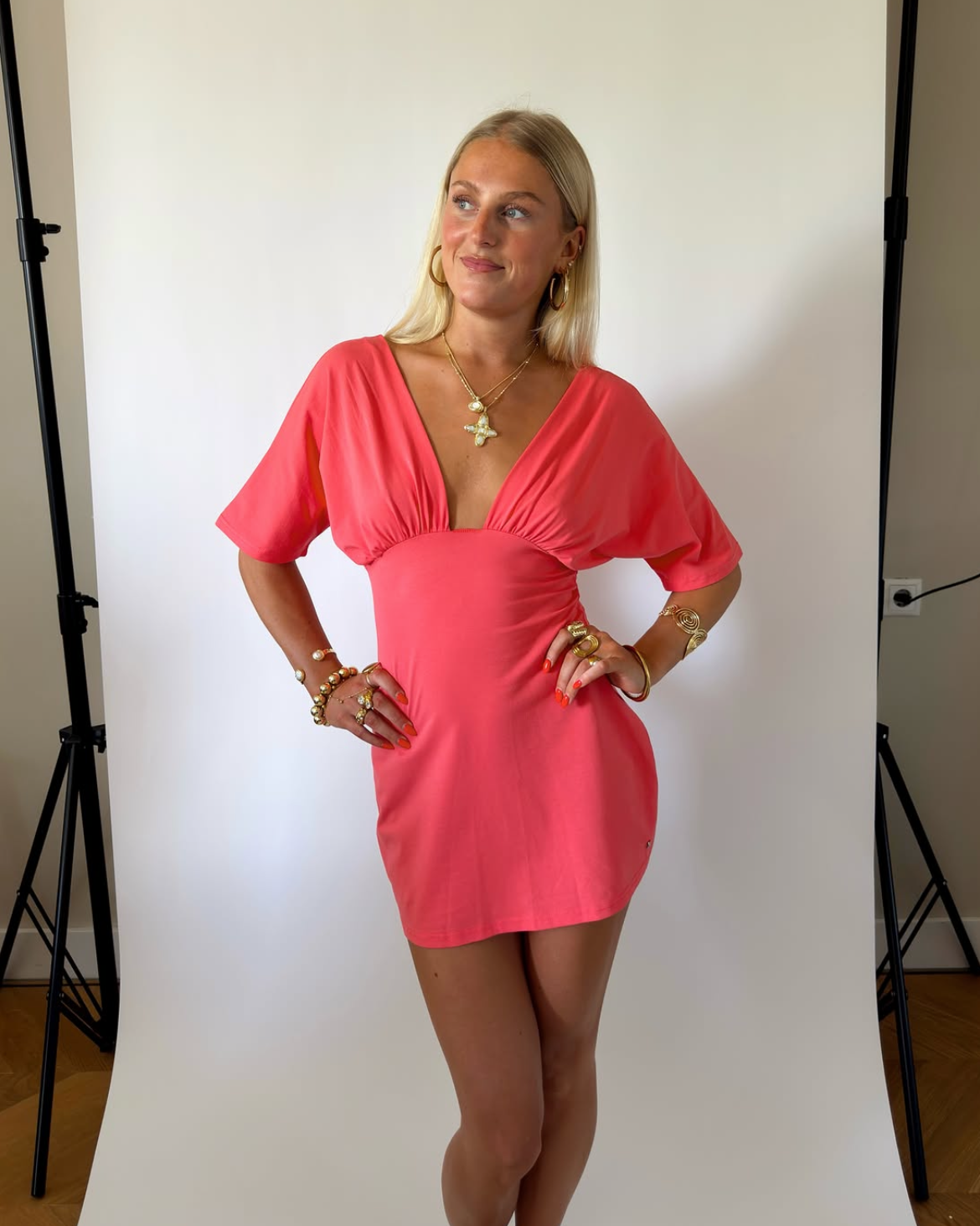 Jessie deep v draped sleeve dress Coral Red