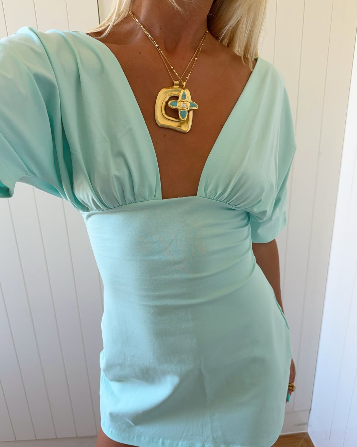 Jessie deep v draped sleeve dress Aqua