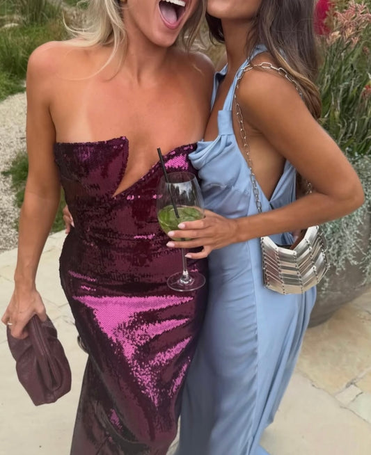 Winston strapless sequin maxi dress plum