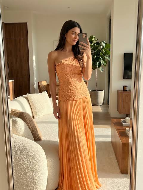 Abstract Cutwork Bandeau Maxi Dress Orange