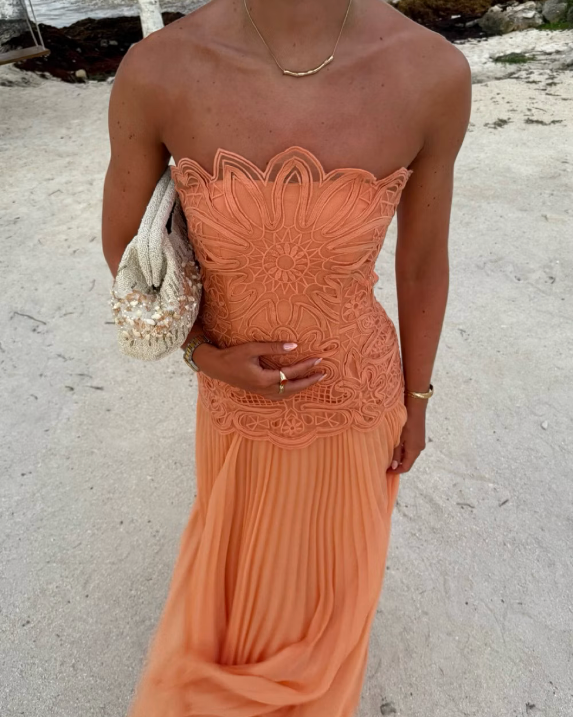 Abstract Cutwork Bandeau Maxi Dress Orange