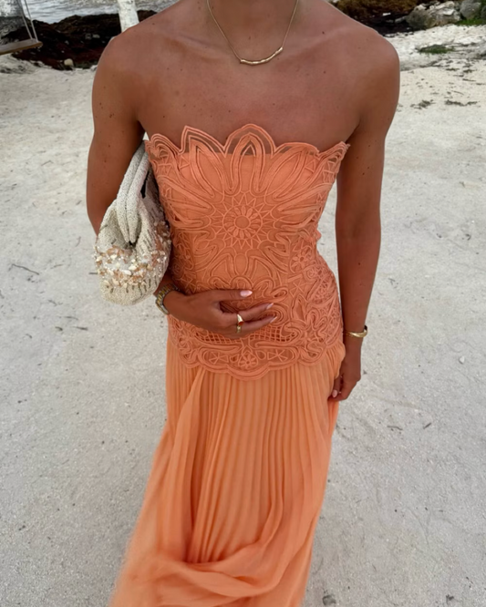 Abstract Cutwork Bandeau Maxi Dress Orange