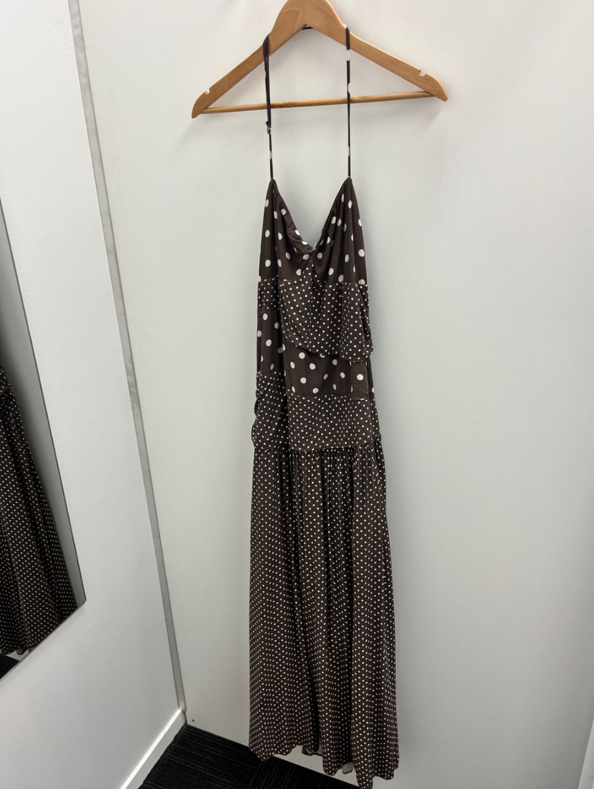 SALE - Marguerite Halter Maxi Dress Brown Polka Dot (14)