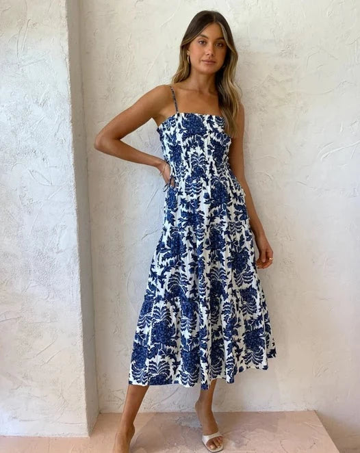 Diana shirred tiered midi dress in indigo/ivory – Dress to Impress Rentals