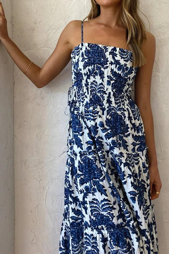 Diana shirred tiered midi dress in indigo/ivory