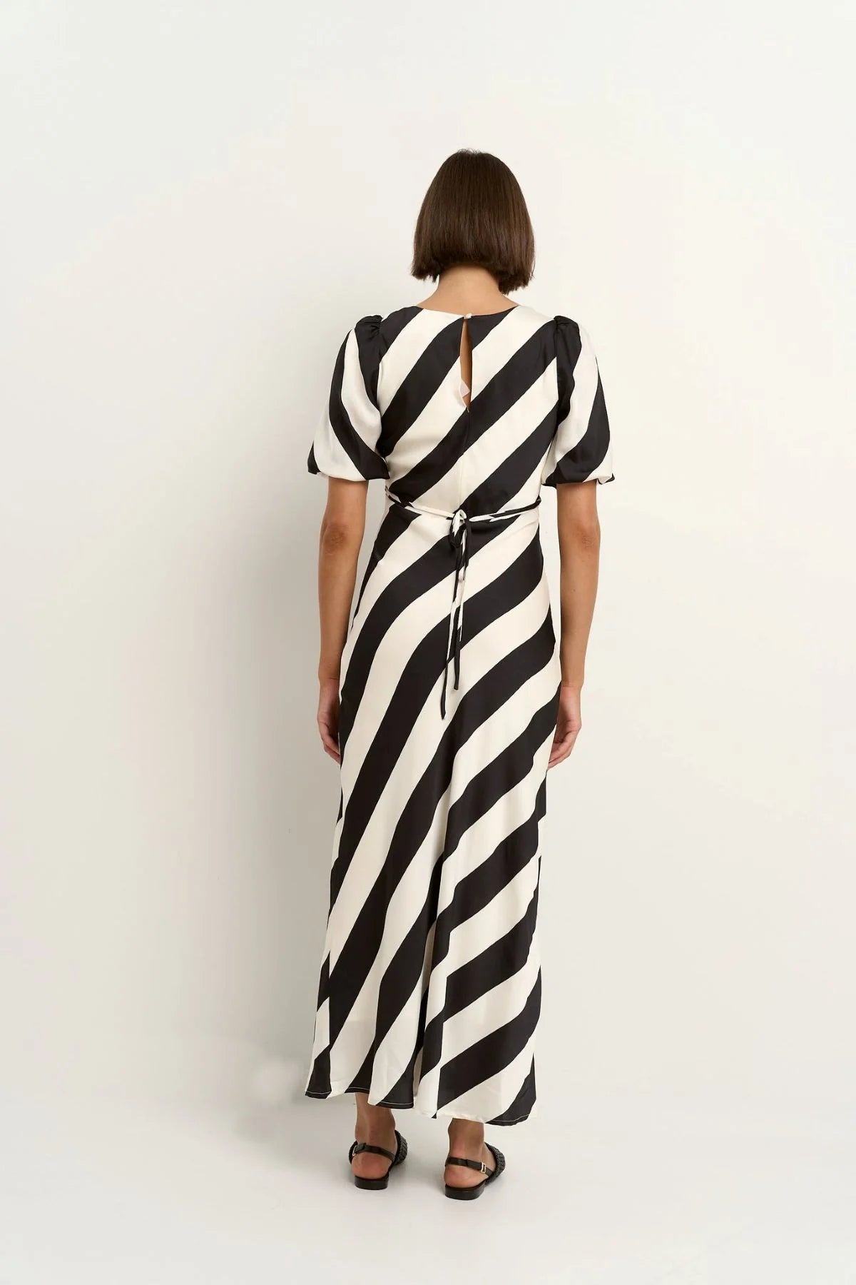 Amora black white stripe bias midi dress