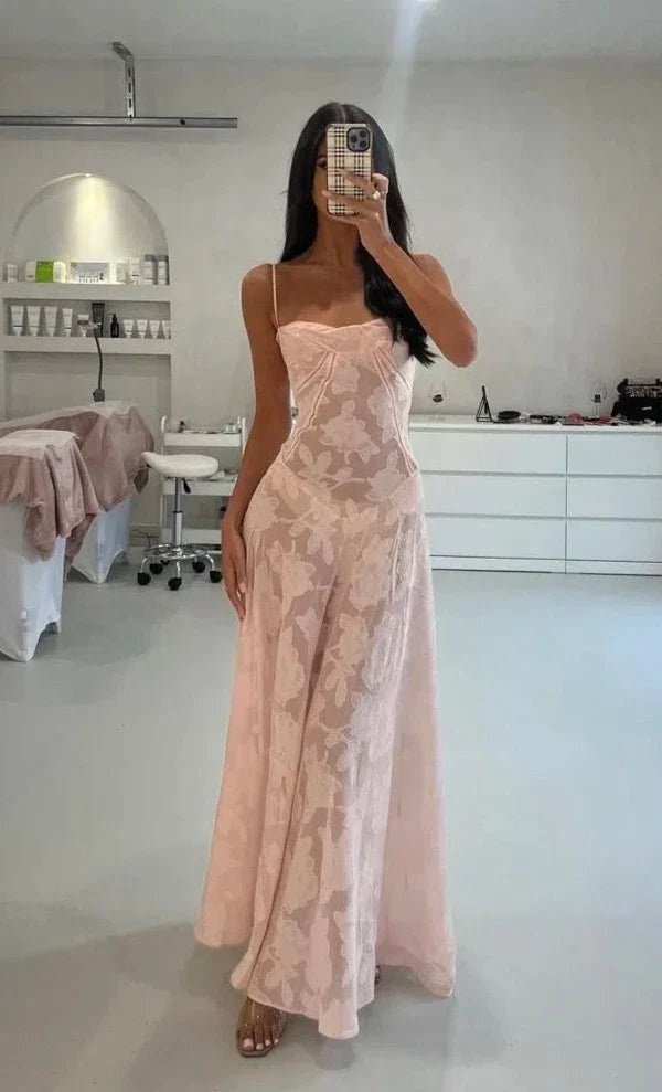 Seren soft pink floral lace back maxi – Dress to Impress Rentals