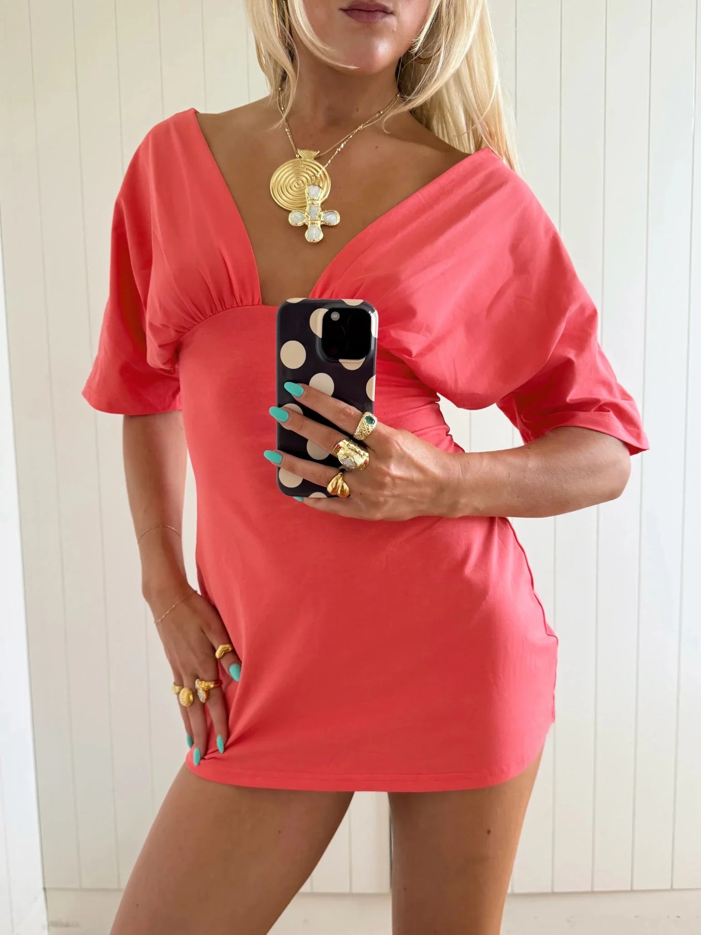 Jessie deep v draped sleeve dress Coral Red