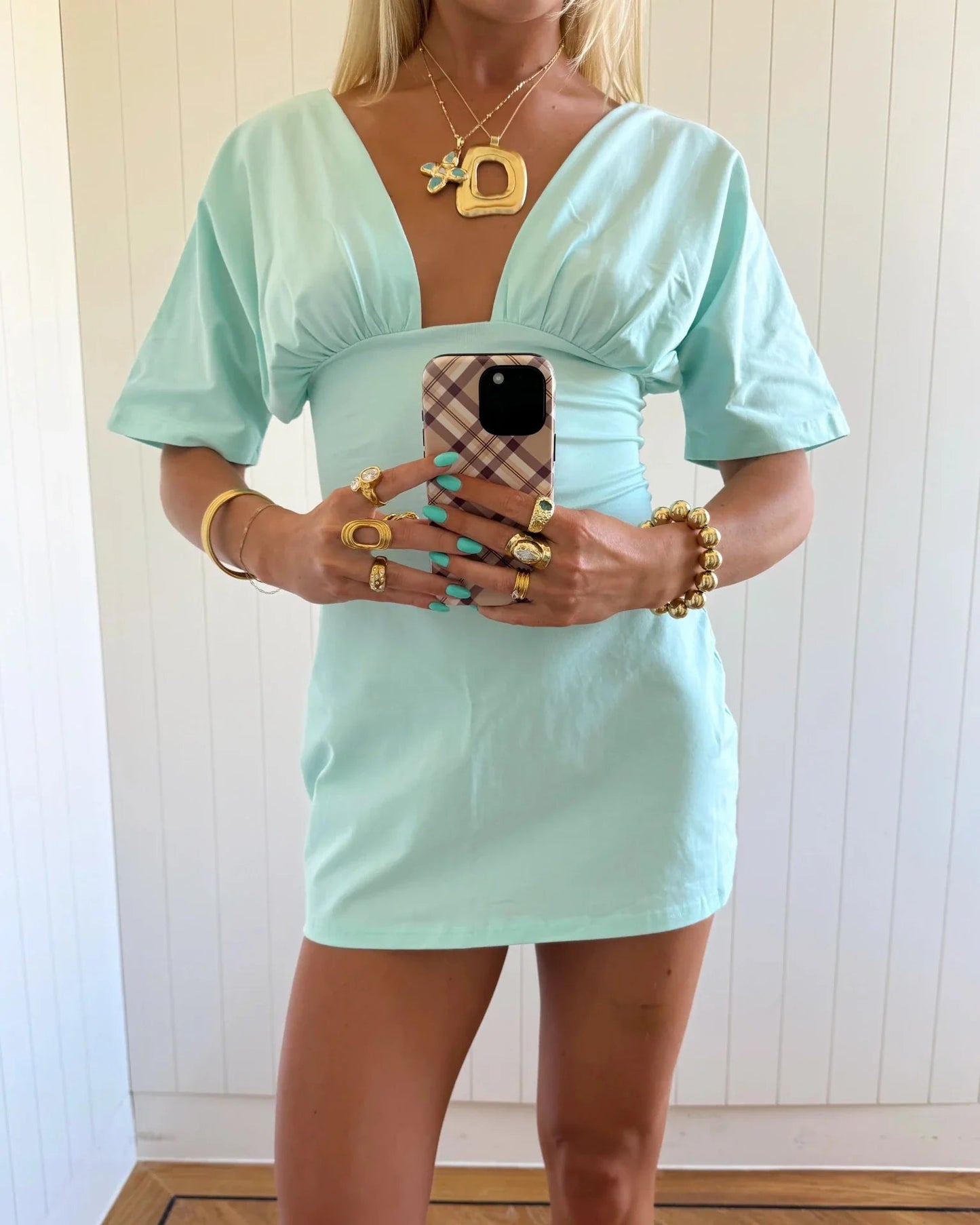 Jessie deep v draped sleeve dress Aqua