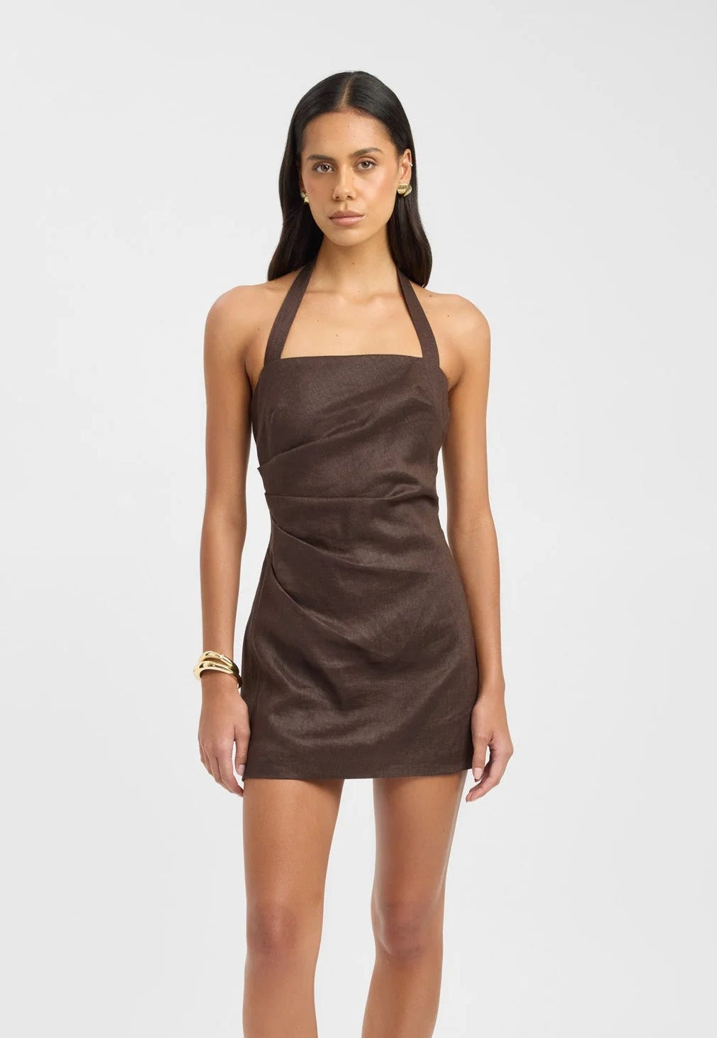 Palm Halter Mini Dress dark chocolate