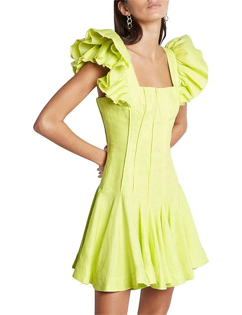 Breathless frill sleeve mini dress green